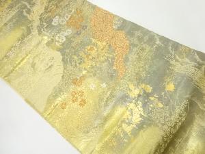 リサイクル　服部織物製　こはく錦霞に秋草模様織出し袋帯